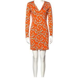 Diane Von Furstenberg Orange Boho Print 100% Silk Sheath Dress size 4